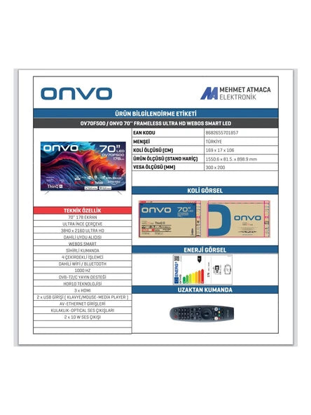 OV70F500 4K Ultra HD 70" 178 Ekran Uydu Alıcılı webOS Smart LED TV